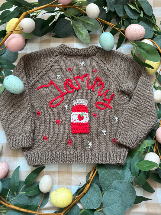 Size 9-12 Months, Jammy with a Strawberry Jam Jar, Brown Cardi