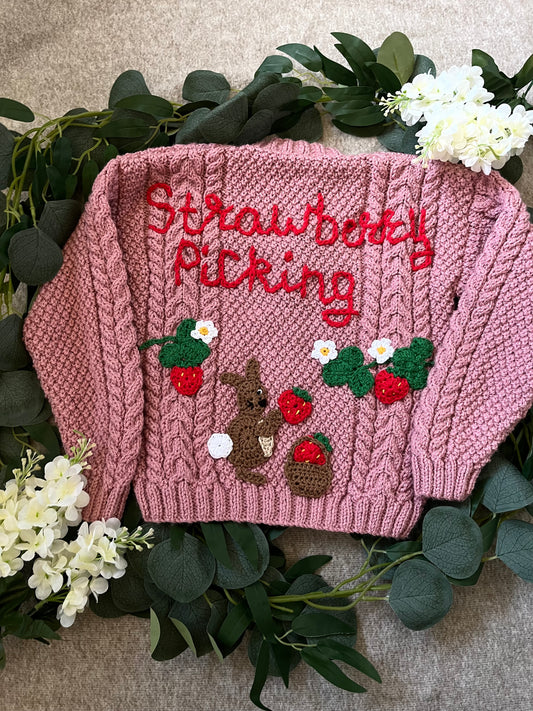Size 3-5 Years, Strawberry Picking, Pink Hand Knitted Cardigan