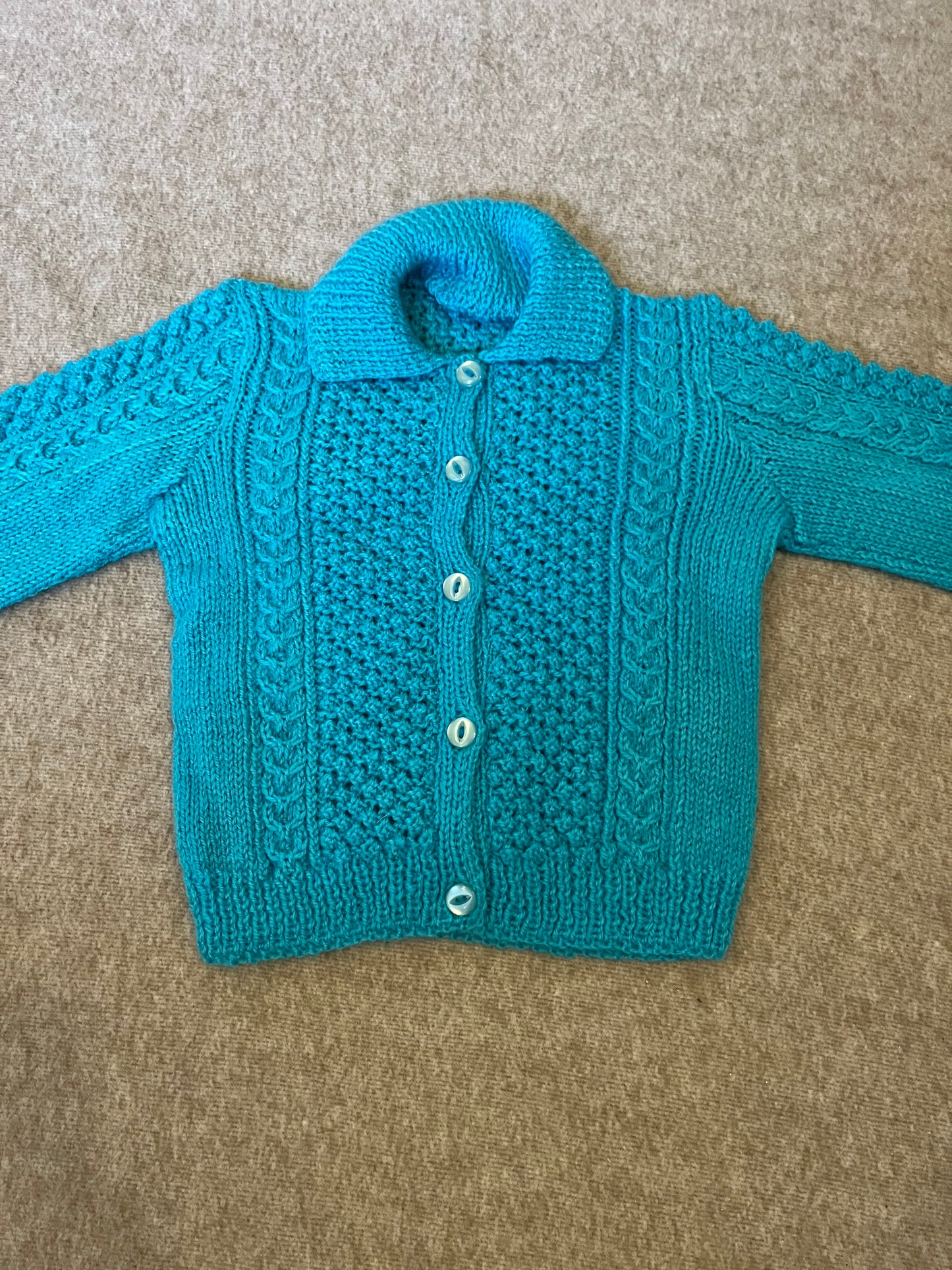 Size 1-2 Years, Bear Hugs, Turquoise Hand Knitted Cardigan