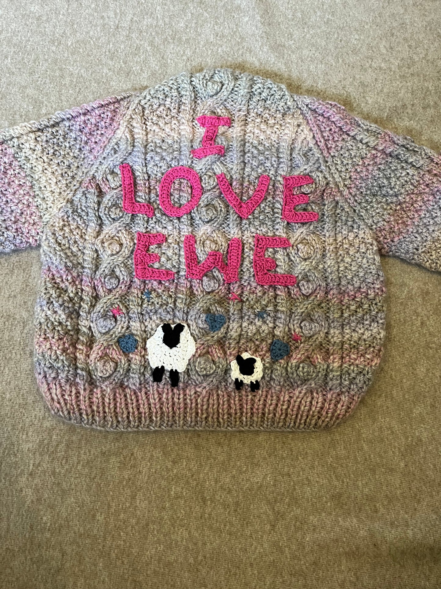 Size 2-4 Years, I Love Ewe, Hand Knitted Ombre Cardigan, Sheep Cardigan