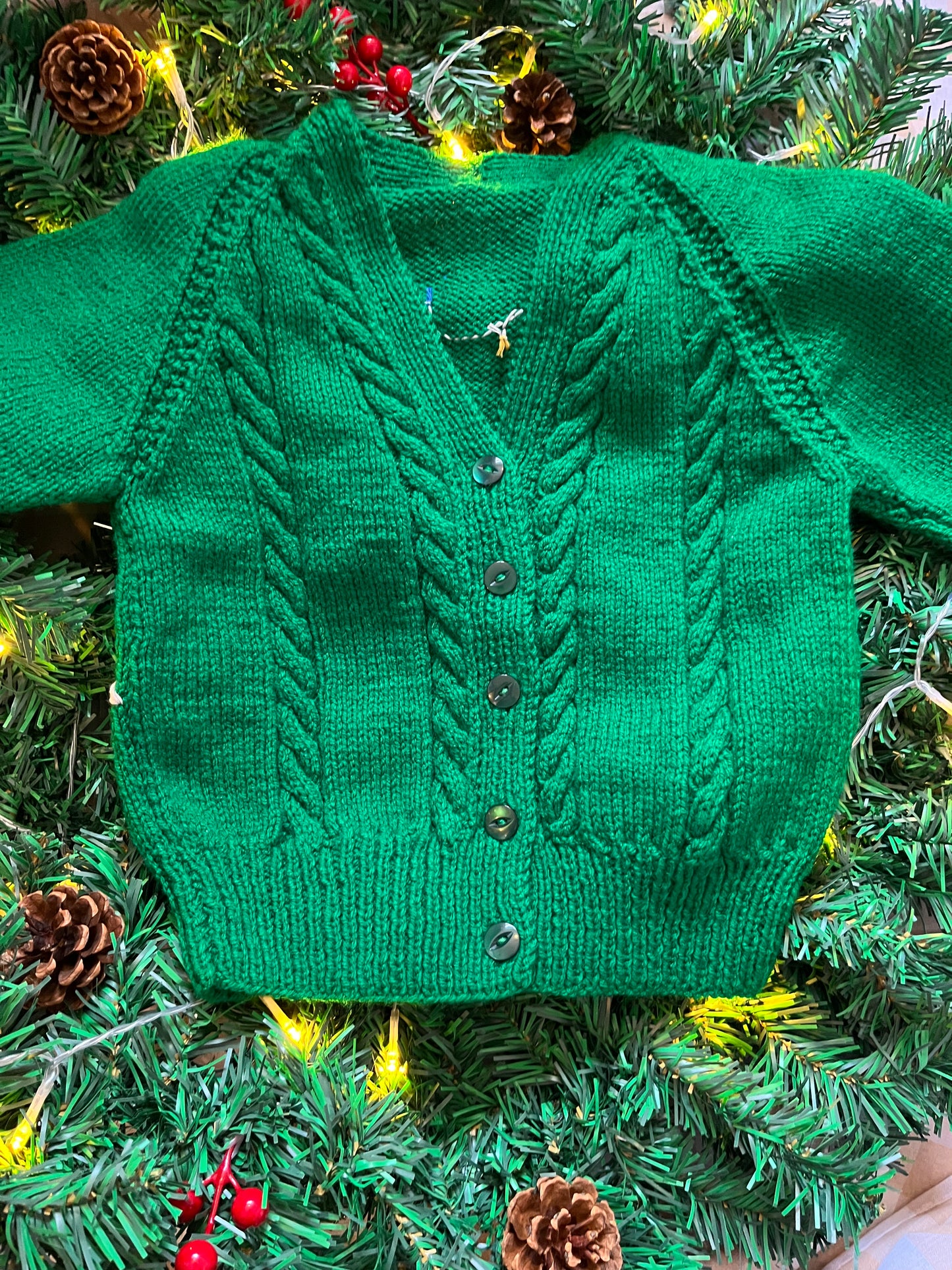 Personalise Me, Size 5-7 Years, Name Cardigan, Green Christmas Lights Cardi