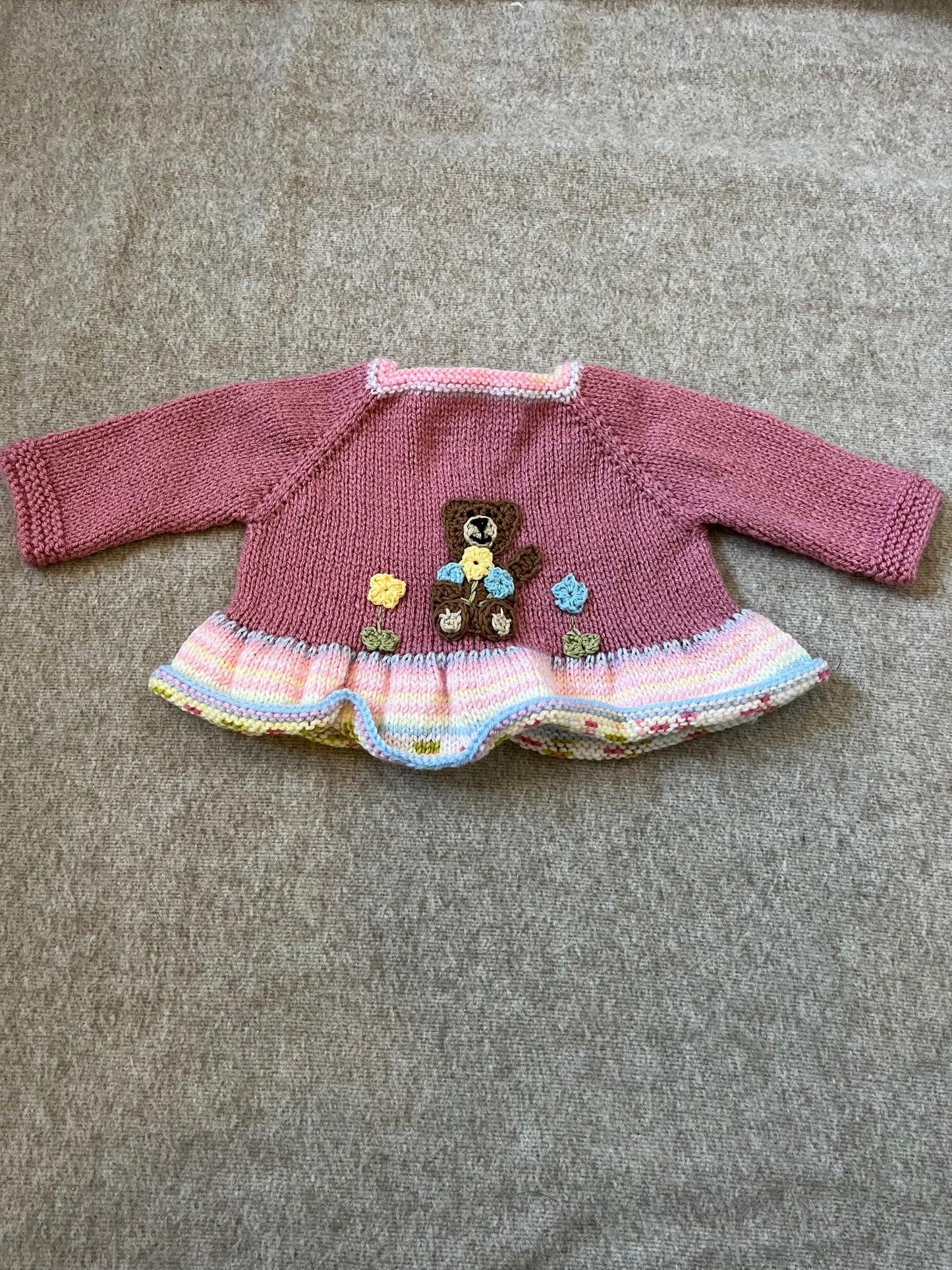 Size 0-3 Months, Hand Knitted Baby Bear with Flowers, Frill Cardigan