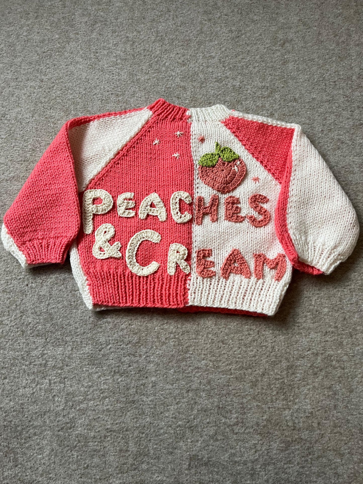 Size 12-18 Months, Peaches & Cream Hand Knitted Cardigan, Two tone Knitwear