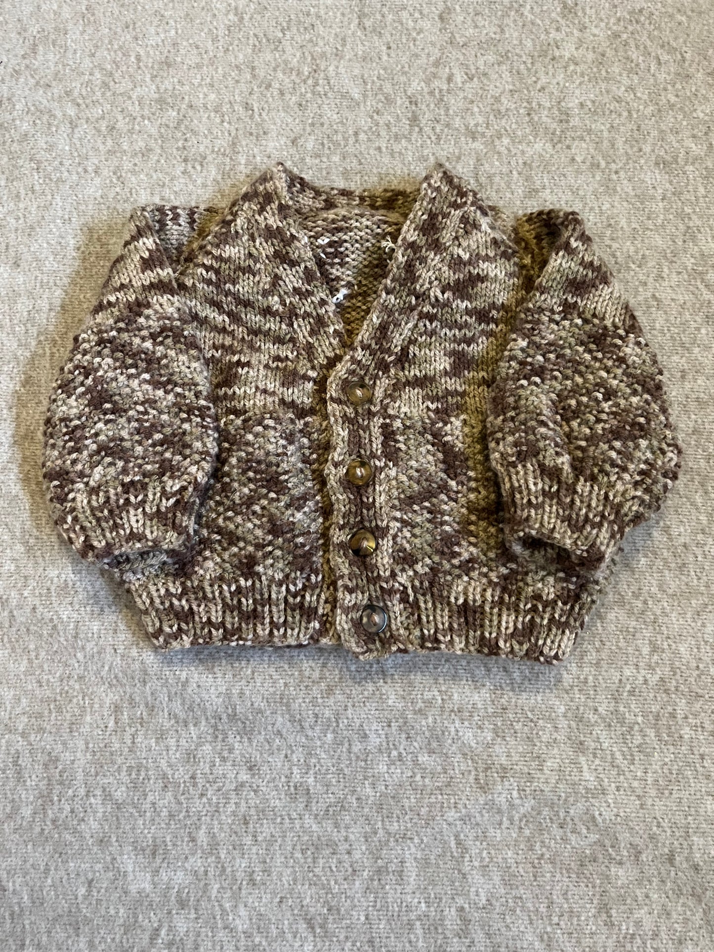 Size 0-6 Months, Country Boy, Hand Knitted Speckled Brown Cardigan with Tractor