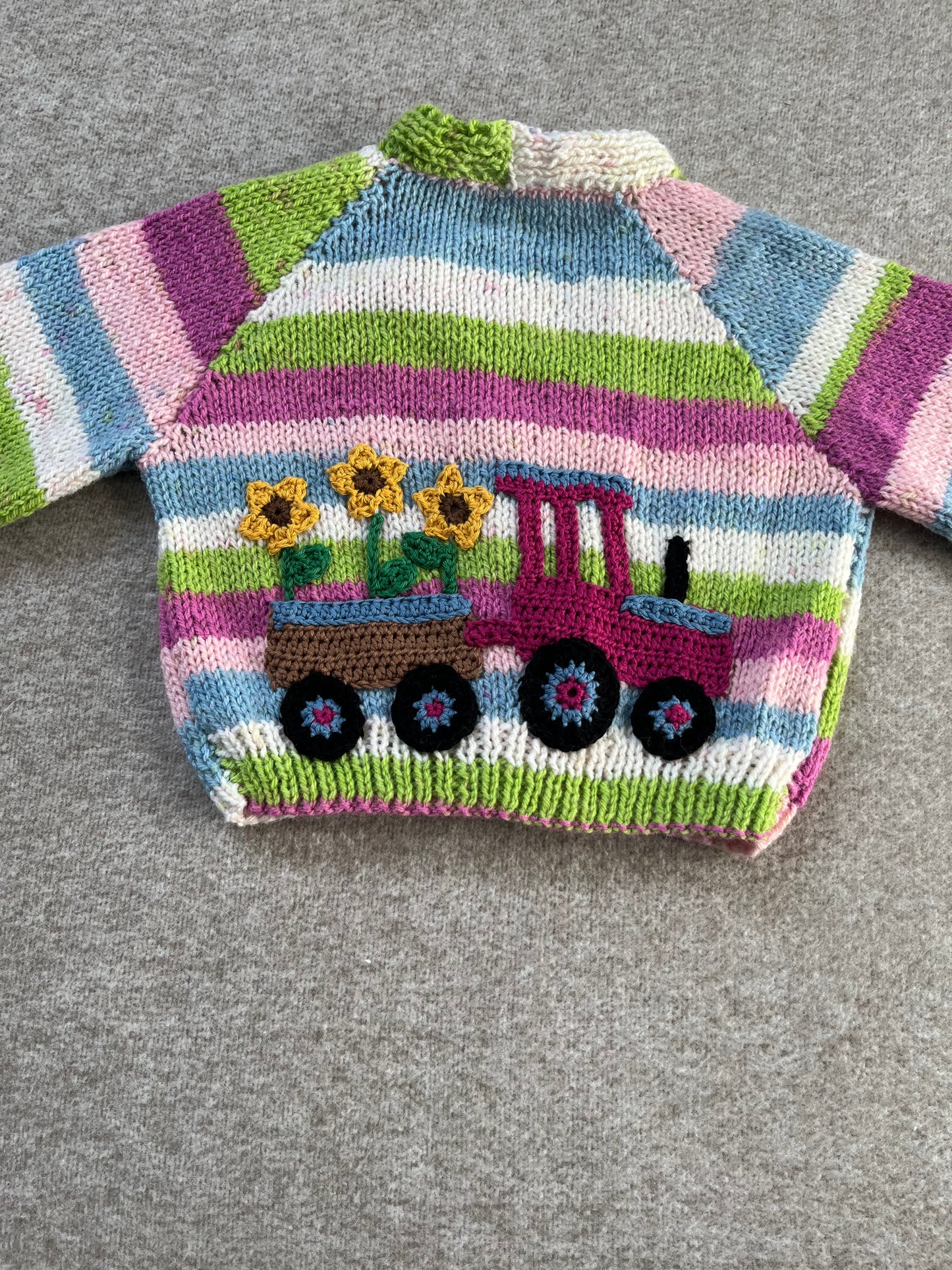 Size 6-12 Months, Sunflower Tractor, Stripe Hand Knitted Cardigan