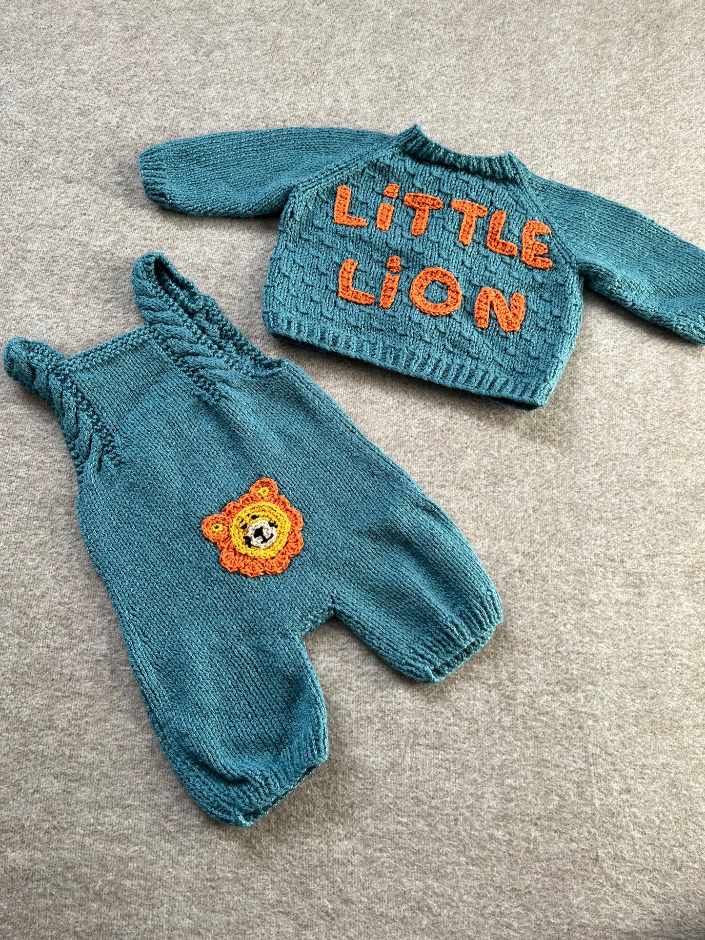 Size 0-3 Months, Baby Romper & Cardigan Set, Hand Knitted Turquoise Baby Gift, Little Lion