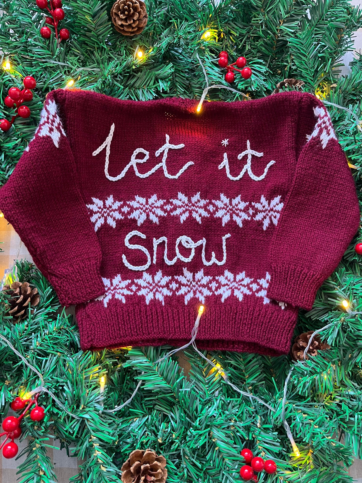 Size 2-3 Years, Let it Snow, Burgandy Hand Knit Cardigan