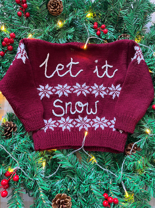 Size 2-3 Years, Let it Snow, Burgandy Hand Knit Cardigan