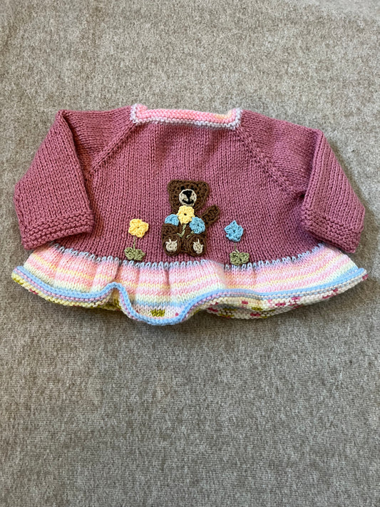 Size 0-3 Months, Hand Knitted Baby Bear with Flowers, Frill Cardigan