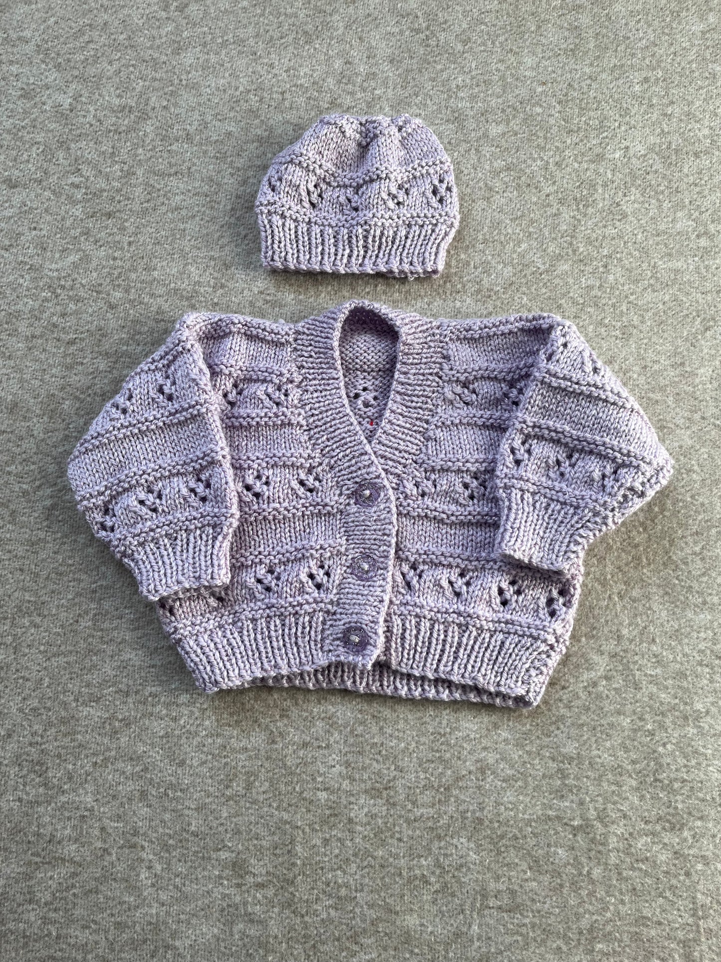 Size 0-3 Months, Glitter Lilac Cardigan & Hat Set, Woodland Cardigan, Hand knitted Baby Gift