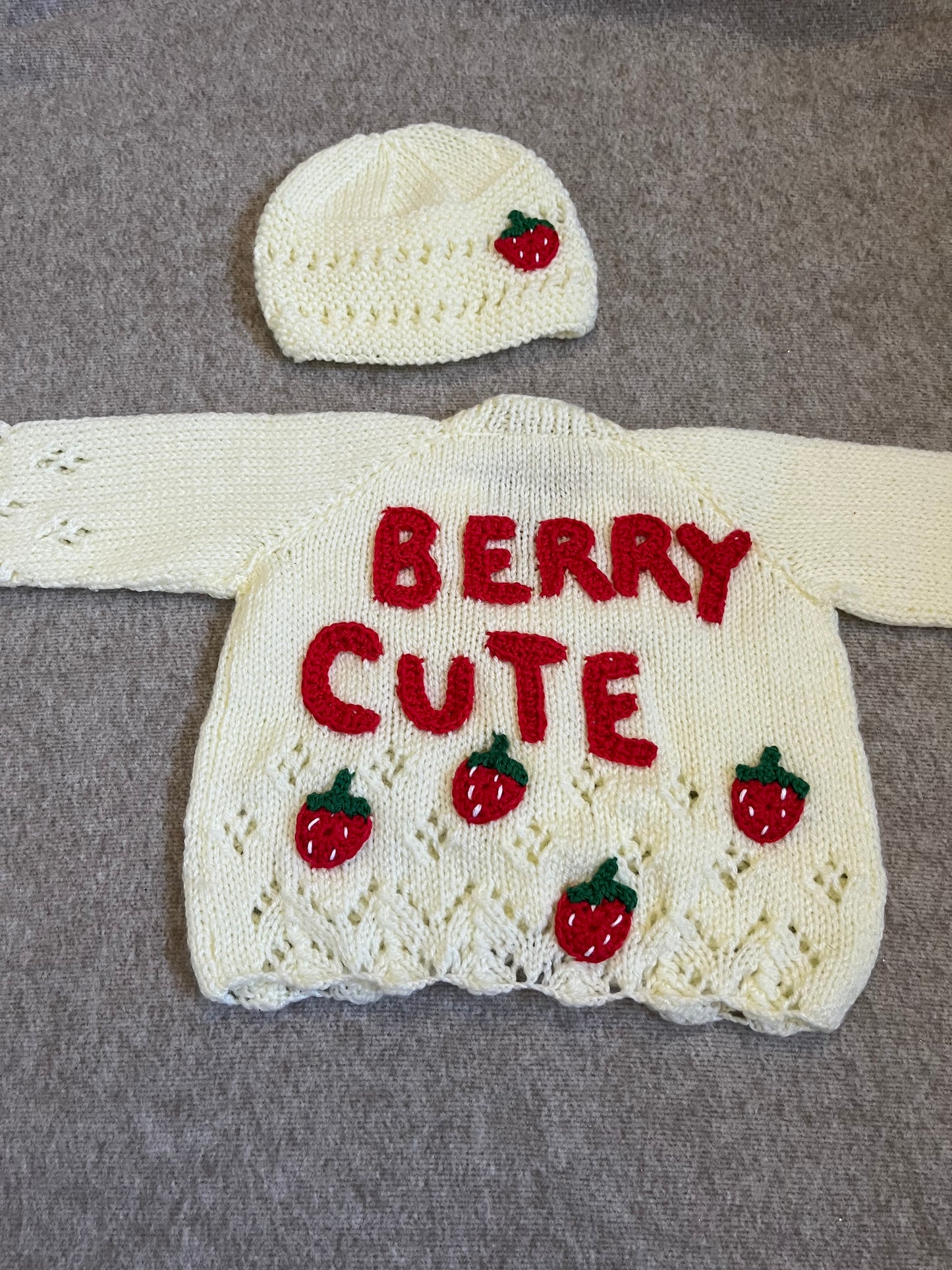 Size 6-9 Months, Berry Cute, Lemon Cardigan & Hat Set, Strawberry Cardigan