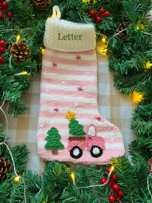 Christmas Stocking, Pink & White Stripe with Pink Christmas Tree Truck