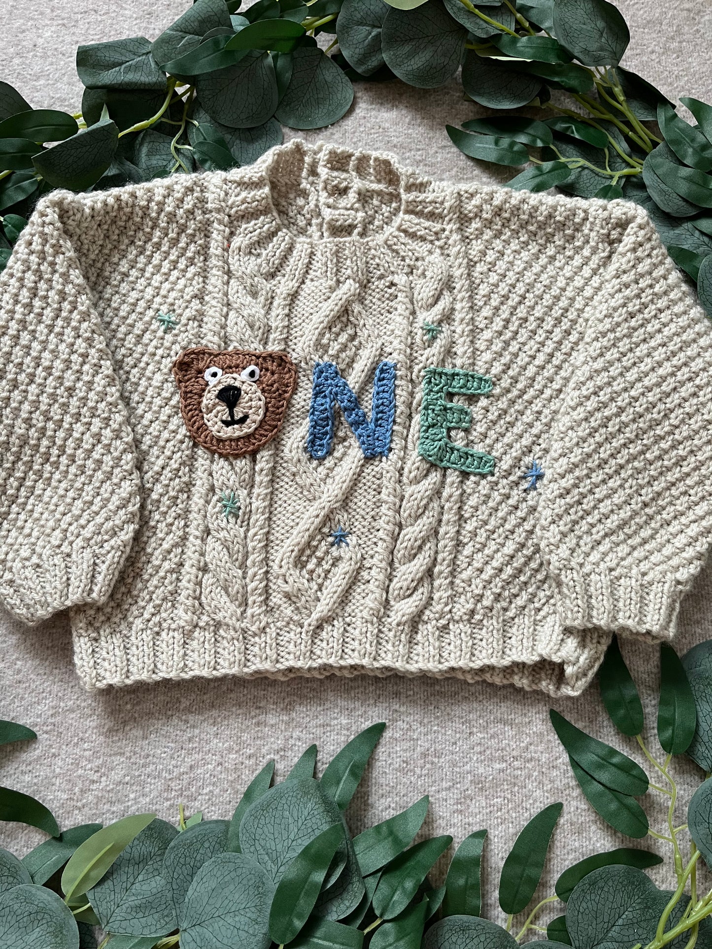 Size 12 Months, One Bear Jumper, Birthday Jumper, Beige Unisex Baby Knitwear