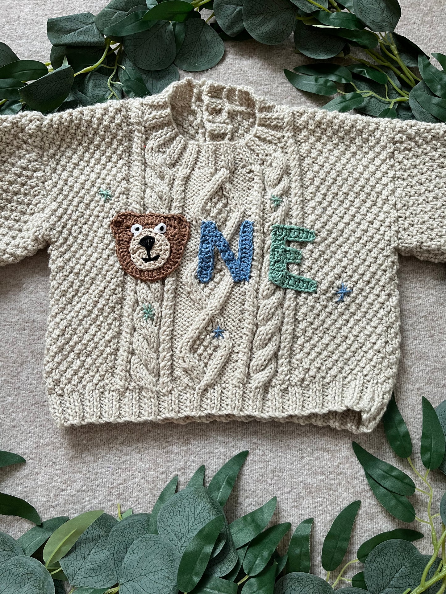 Size 12 Months, One Bear Jumper, Birthday Jumper, Beige Unisex Baby Knitwear