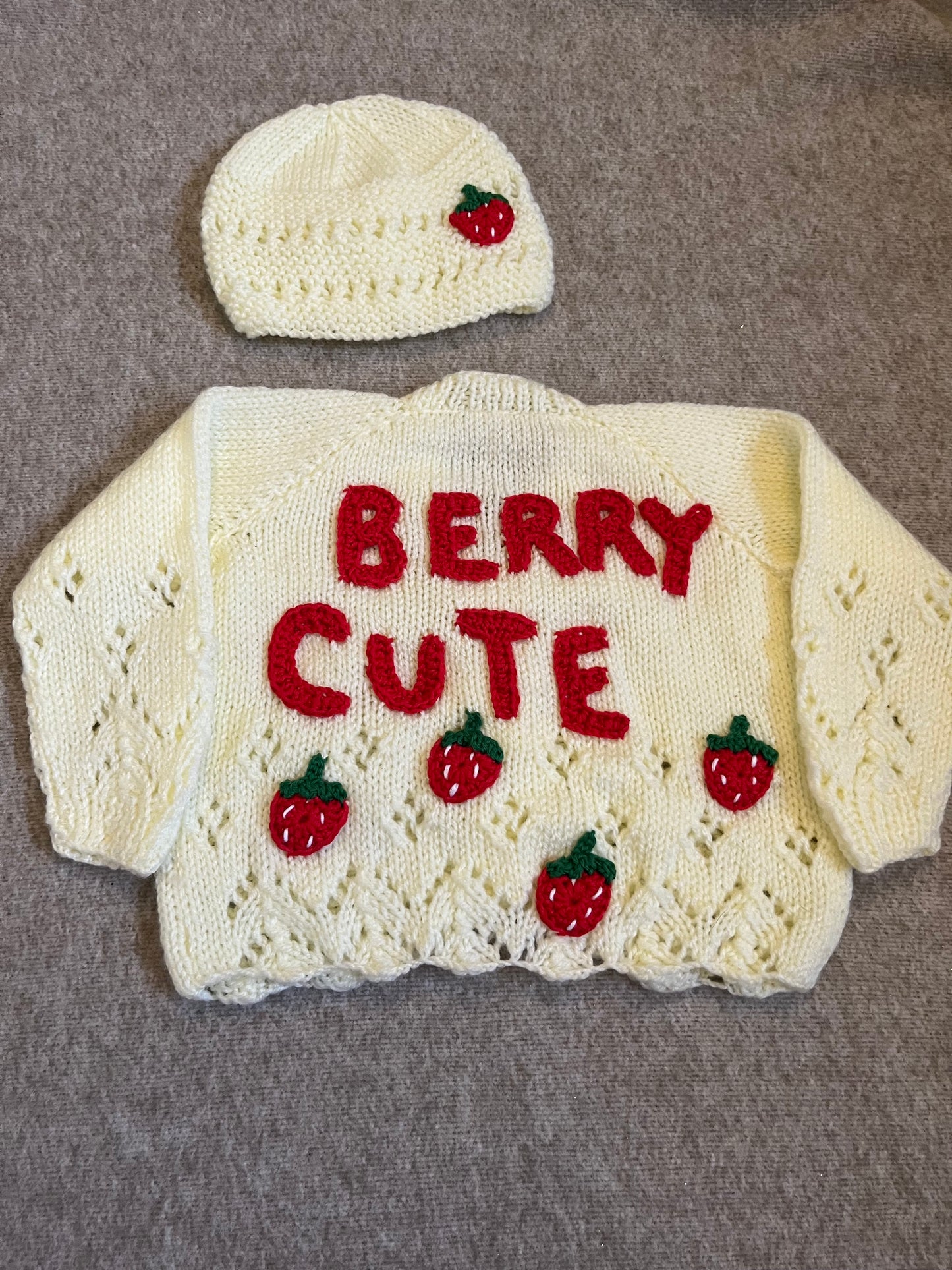 Size 6-9 Months, Berry Cute, Lemon Cardigan & Hat Set, Strawberry Cardigan