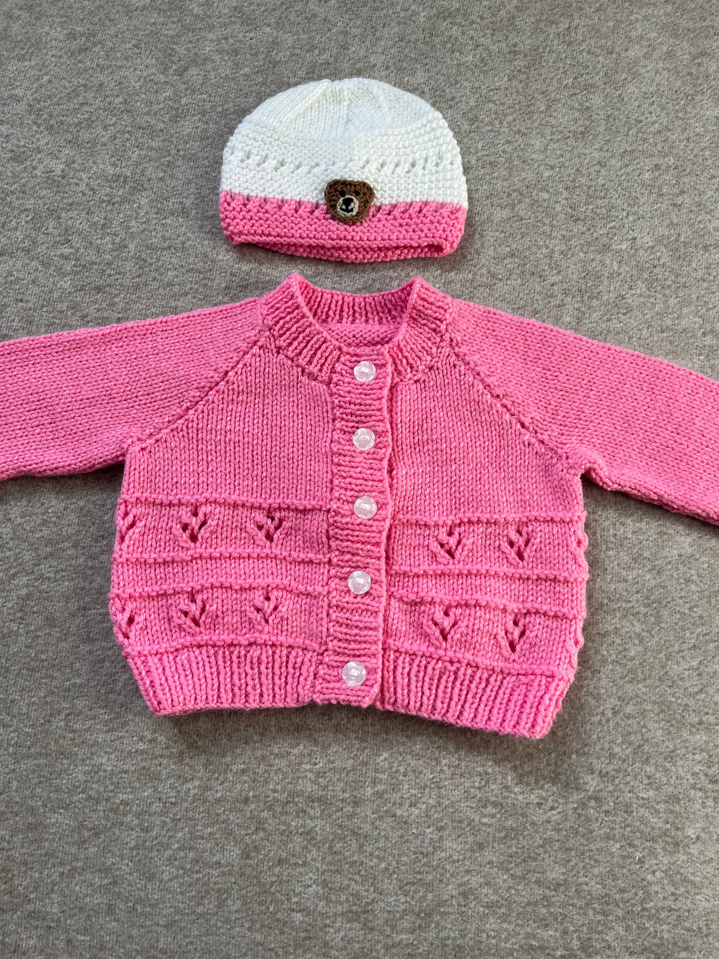 Size 6-12 Months, Baby Bear Cardigan & Hat Set, Hand Knitted Pink & White