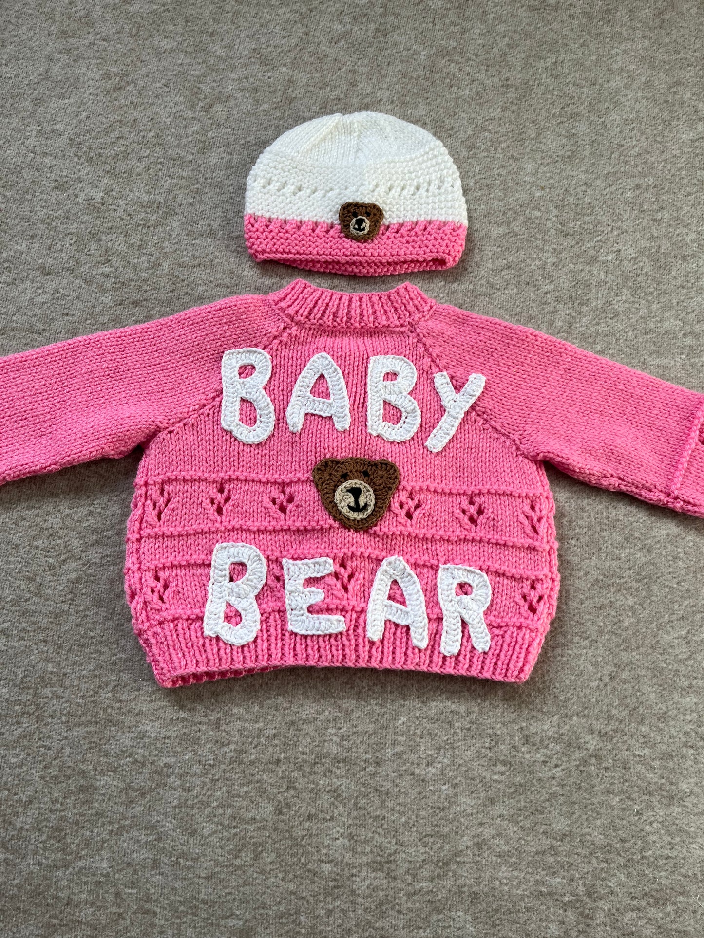 Size 6-12 Months, Baby Bear Cardigan & Hat Set, Hand Knitted Pink & White