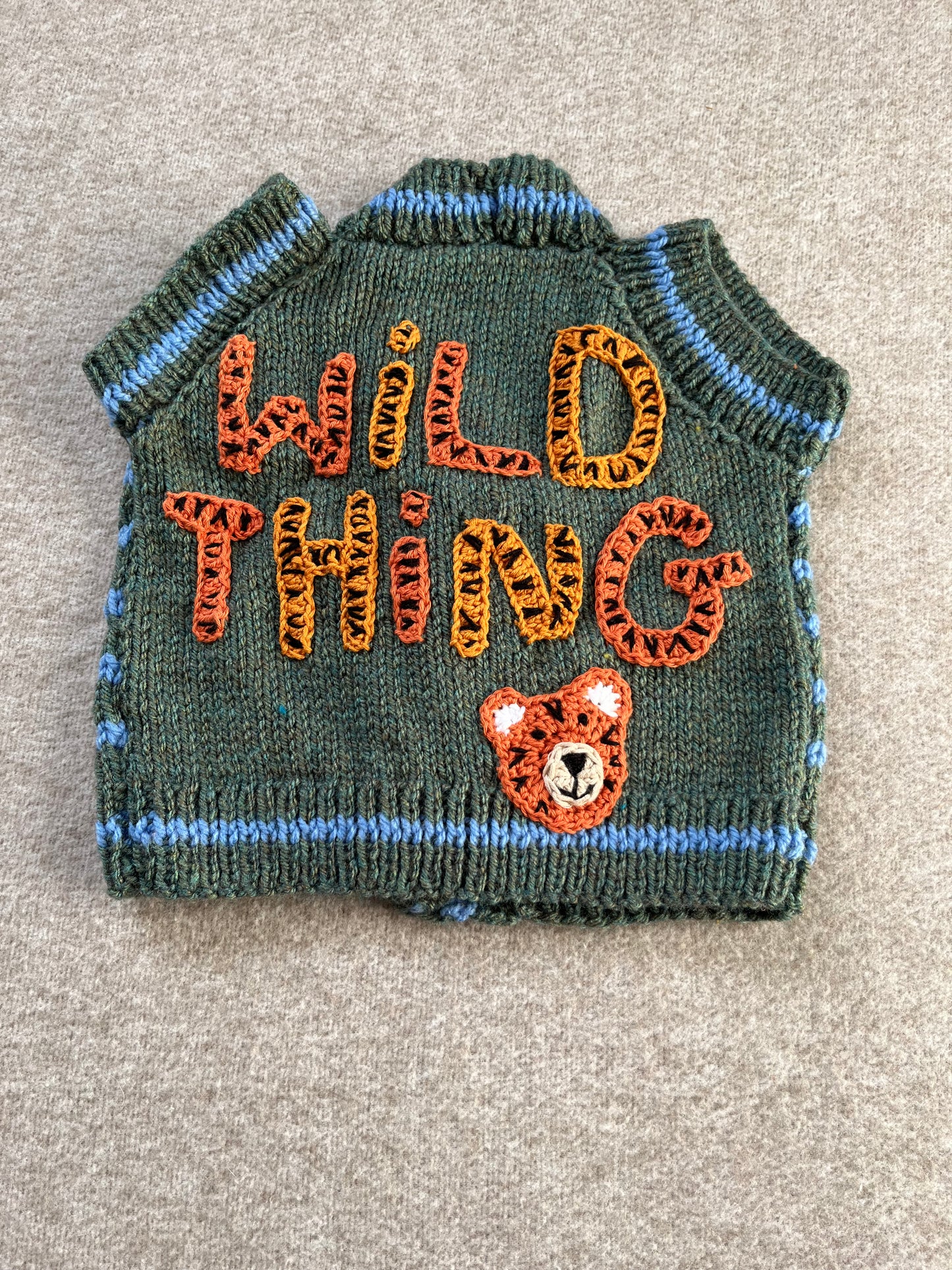 Size 6-12 Months, Hand Knitted Baby Gillet, Wild Thing, Tiger Waistcoat