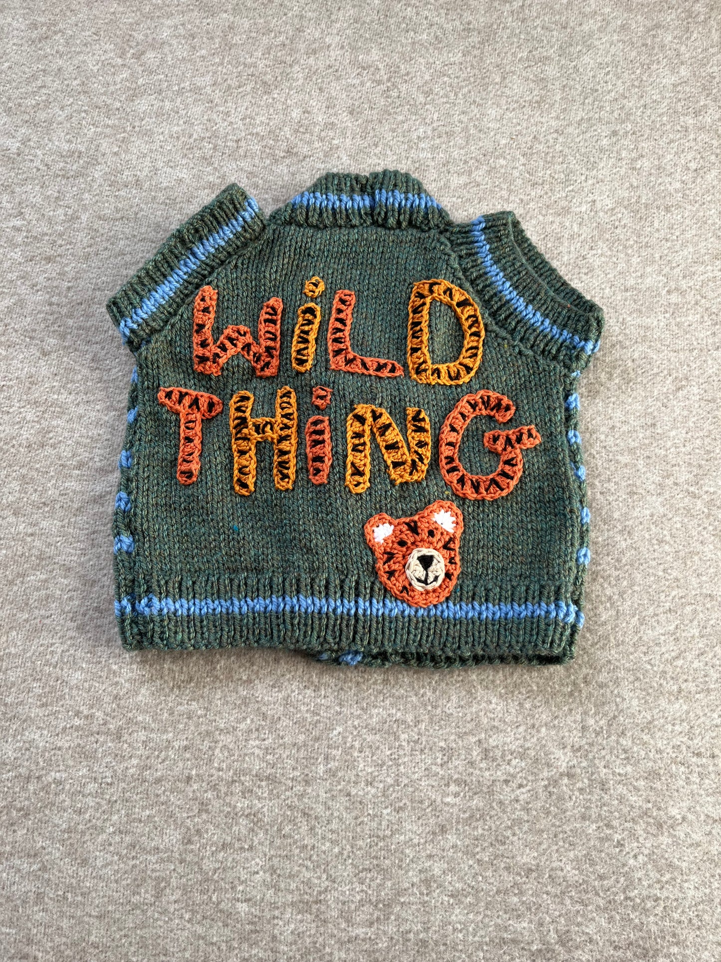 Size 6-12 Months, Hand Knitted Baby Gillet, Wild Thing, Tiger Waistcoat