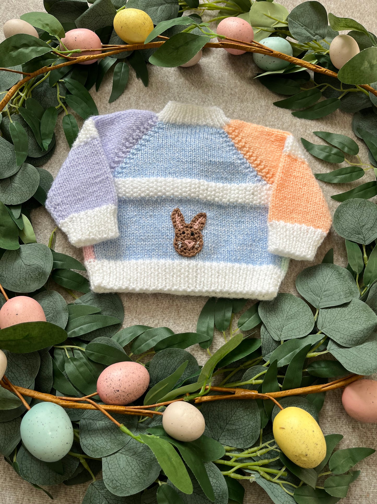 Size Newborn/ First size, Personalise Me, Single Letter or Initials, Handknitted Pastel New Baby Cardigan, Tiny Bunny Design