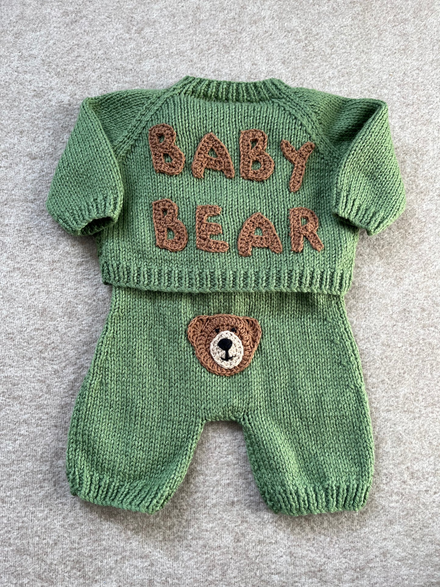 Size 0-3 Months, Baby Bear Romper & Cardi Set, Sage Green Hand Knitted Outfit