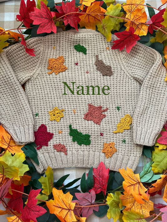 Personalise Me, Size 4-6 years, Name Cardigan, Beige Autumn Leaves Cardigan