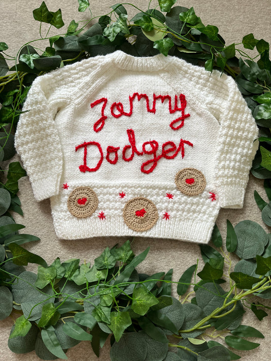 Size 1-2 Years, Jammy Dodger, White Hand Knitted Cardigan