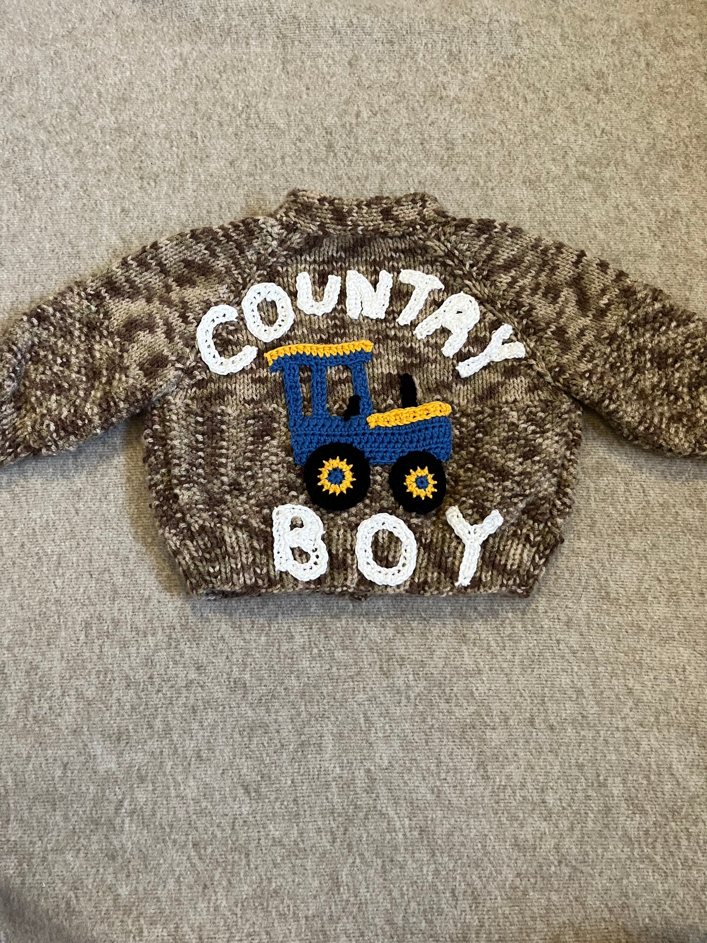 Size 0-6 Months, Country Boy, Hand Knitted Speckled Brown Cardigan with Tractor