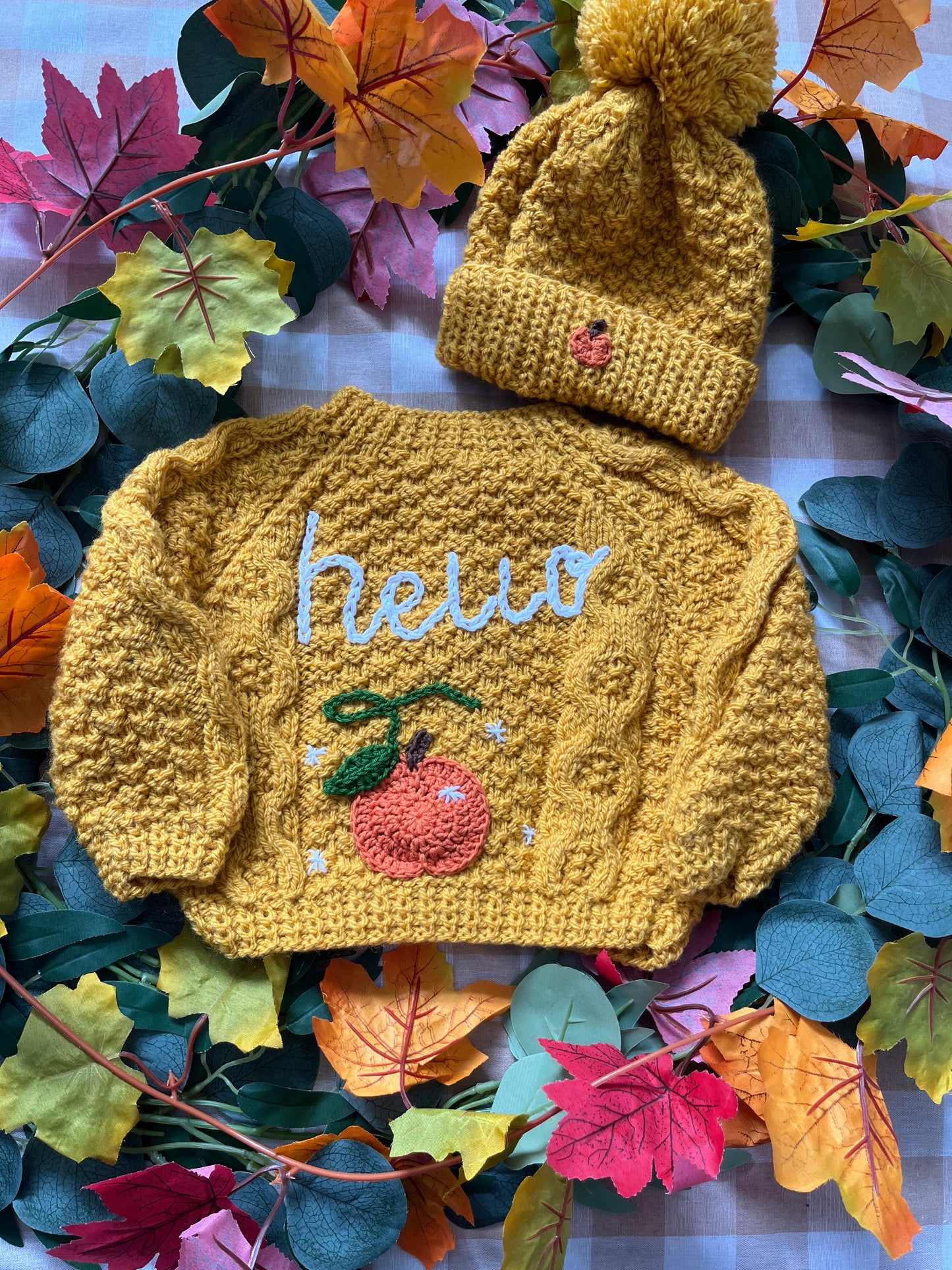 Size 0-6 Months, Mustard Hello Pumpkin Cardi & Hat set