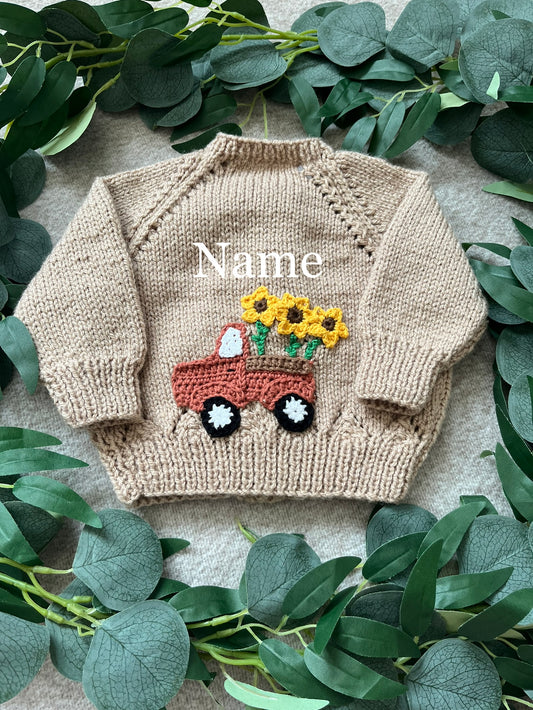 Personalise Me, Size 0-3 Months, Name Cardigan, Light Brown Sunflower Truck Cardi