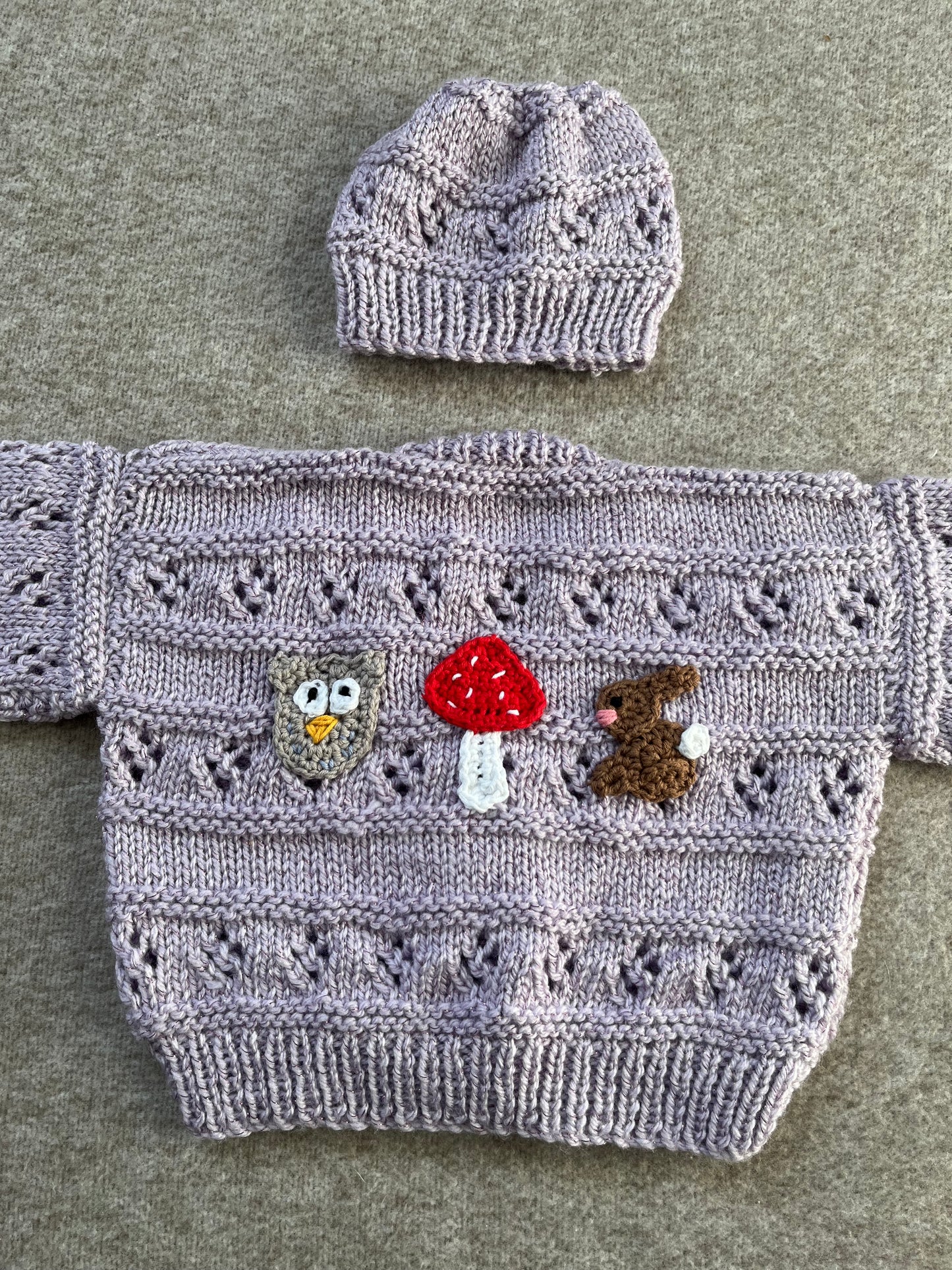 Size 0-3 Months, Glitter Lilac Cardigan & Hat Set, Woodland Cardigan, Hand knitted Baby Gift