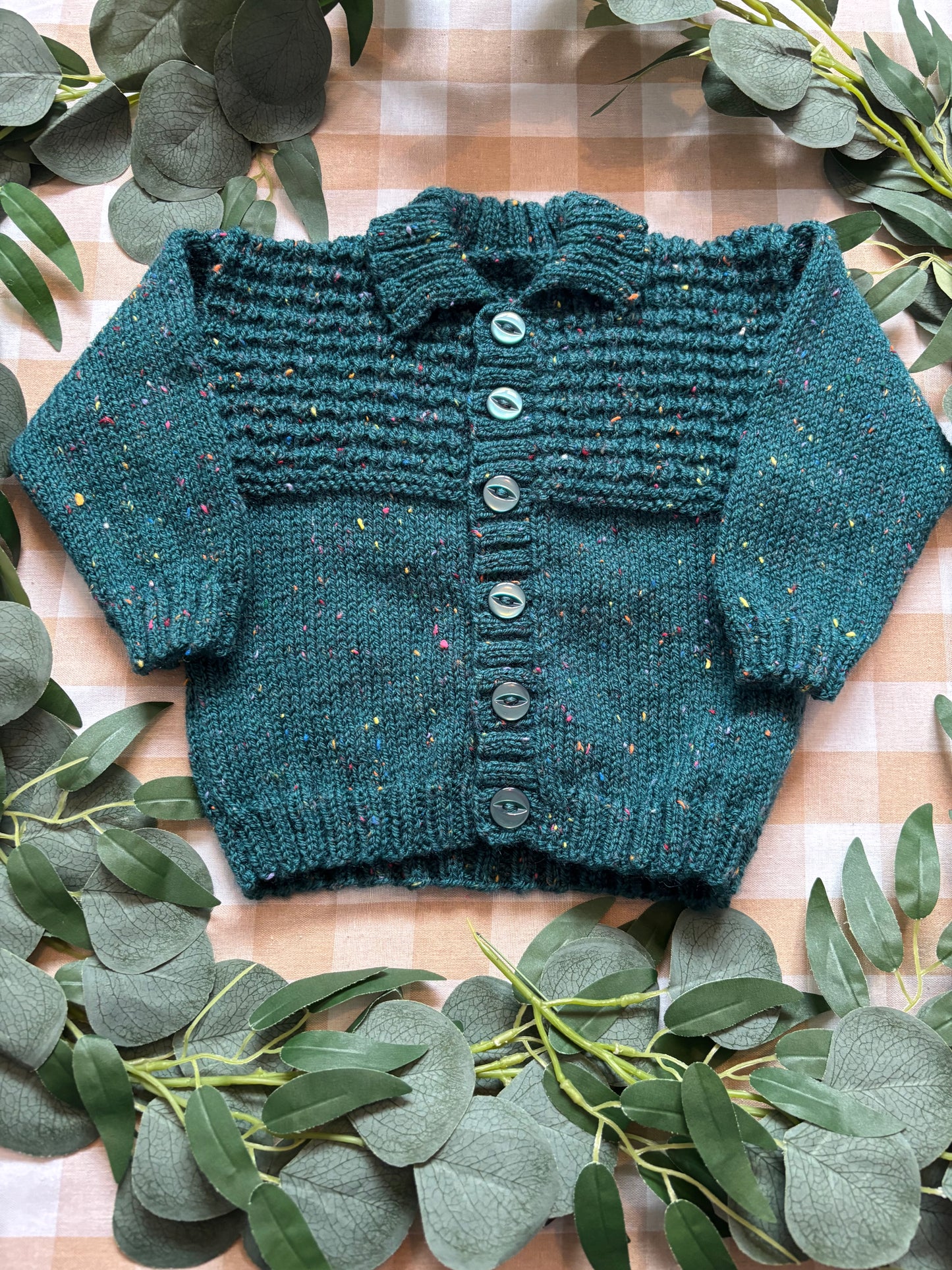 Size 6-12 Months, Turquoise speckled Cardi, Postbox & Pigeon