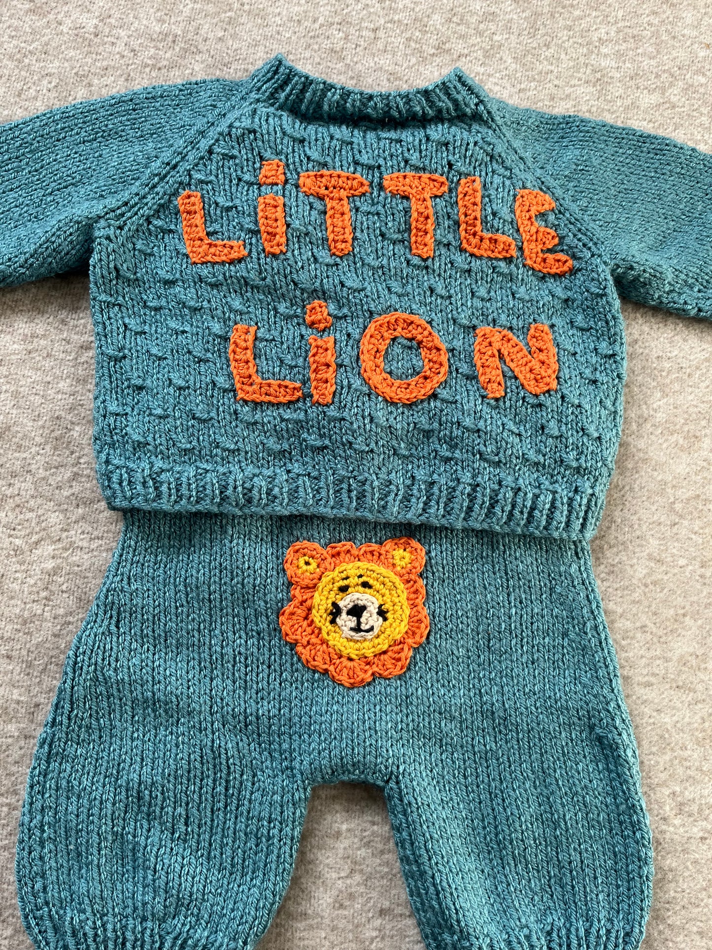 Size 0-3 Months, Baby Romper & Cardigan Set, Hand Knitted Turquoise Baby Gift, Little Lion