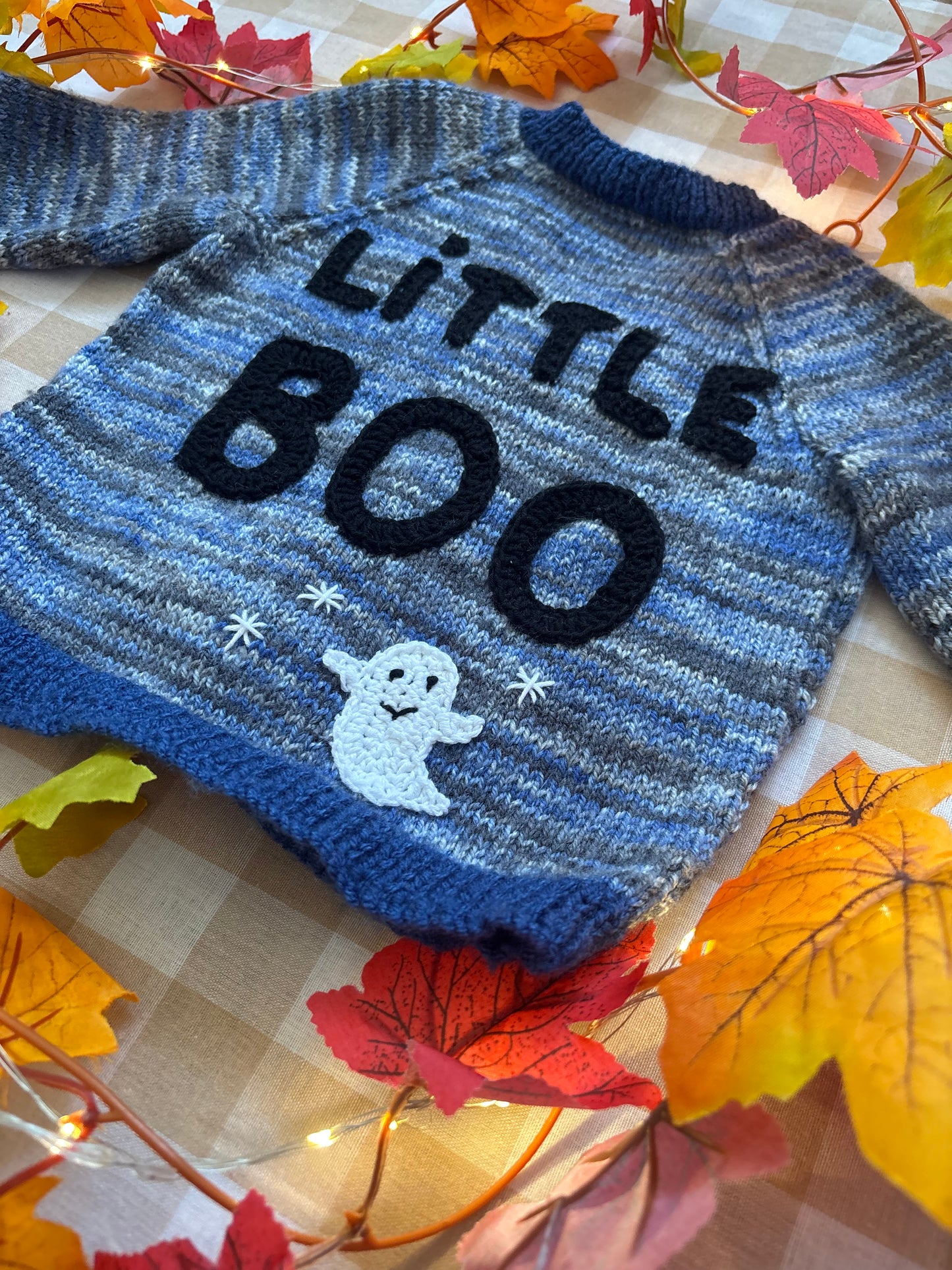 Size 1-2 Years, Little Boo, Blue /Black Hand Knitted Cardi