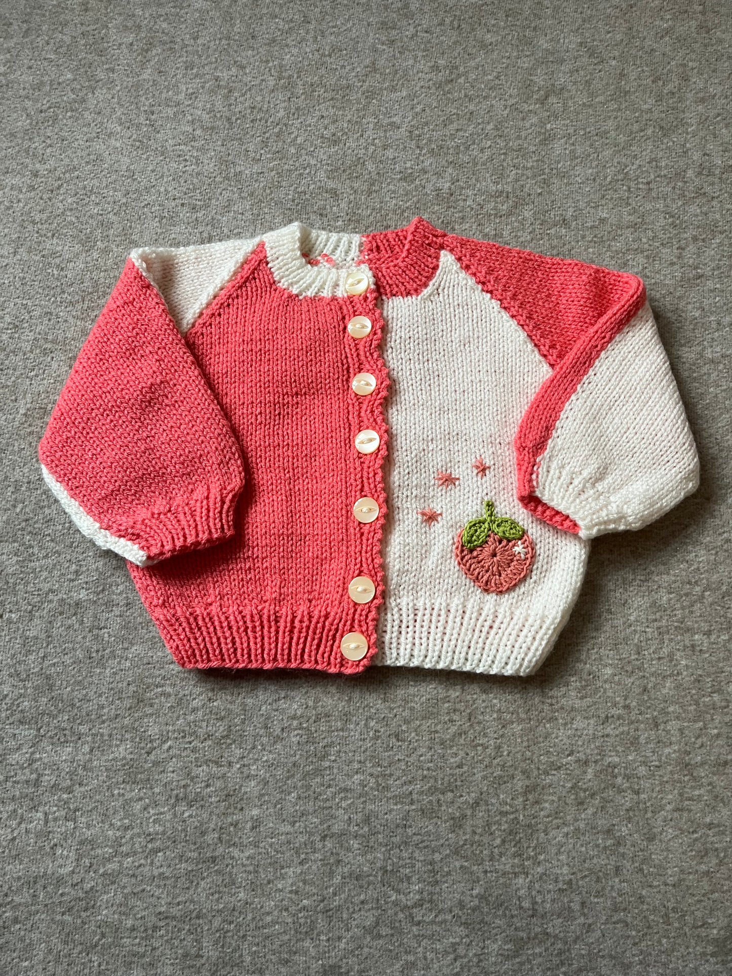 Size 12-18 Months, Peaches & Cream Hand Knitted Cardigan, Two tone Knitwear