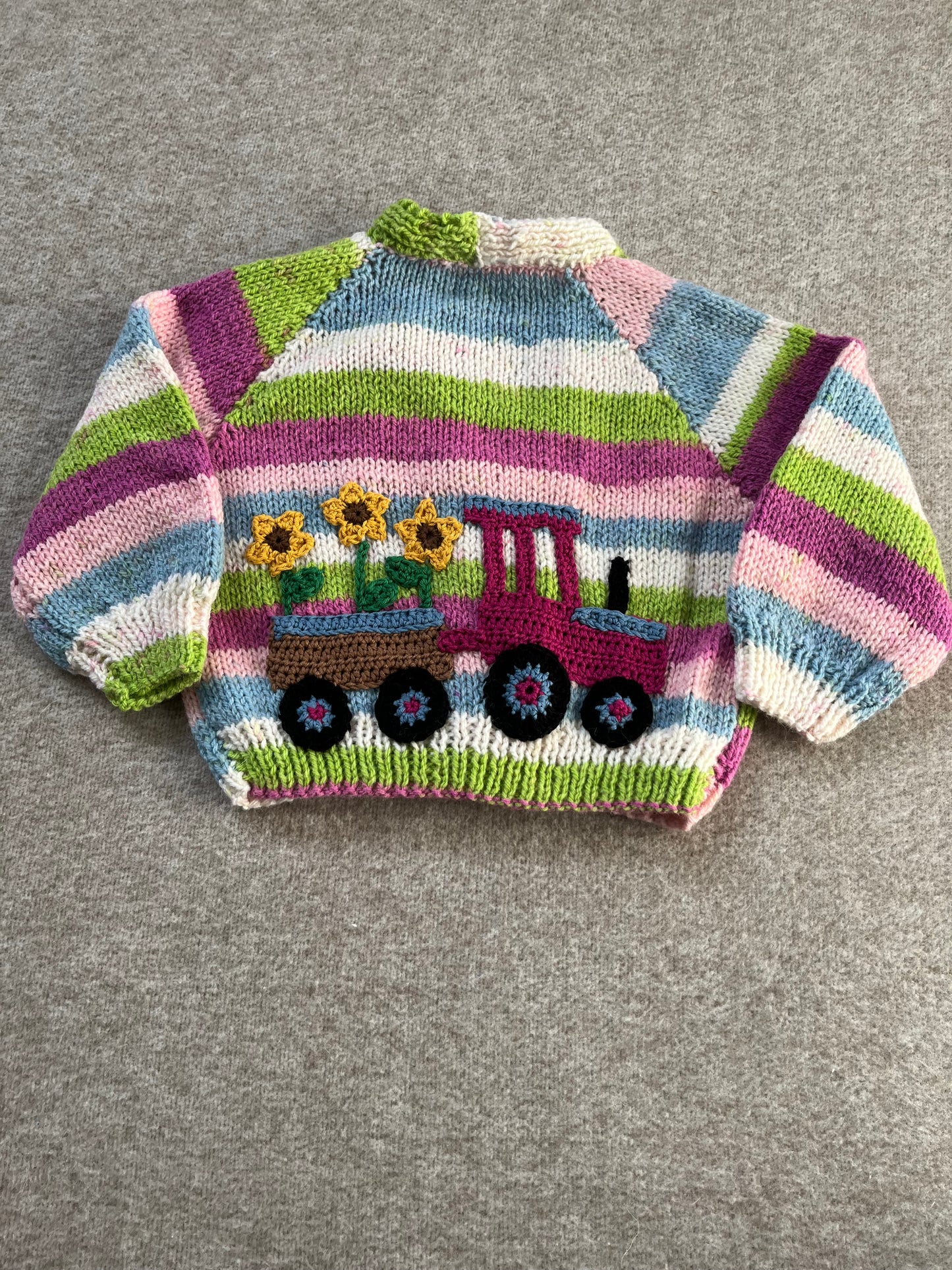 Size 6-12 Months, Sunflower Tractor, Stripe Hand Knitted Cardigan