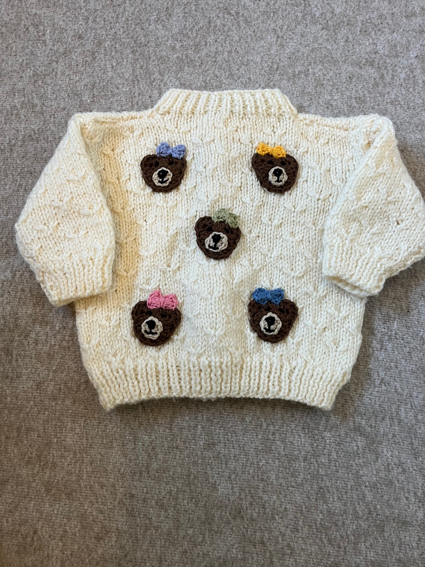 Size 0-3 Months, Hand knitted Cream Cardigan, Bears with Bow, New Baby Present