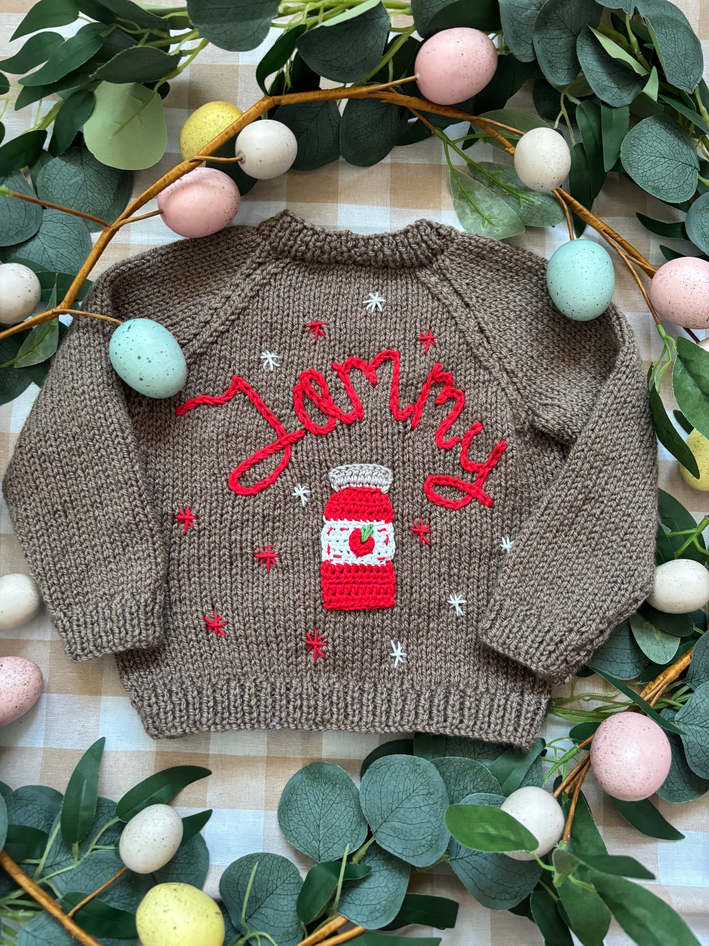 Size 9-12 Months, Jammy with a Strawberry Jam Jar, Brown Cardi