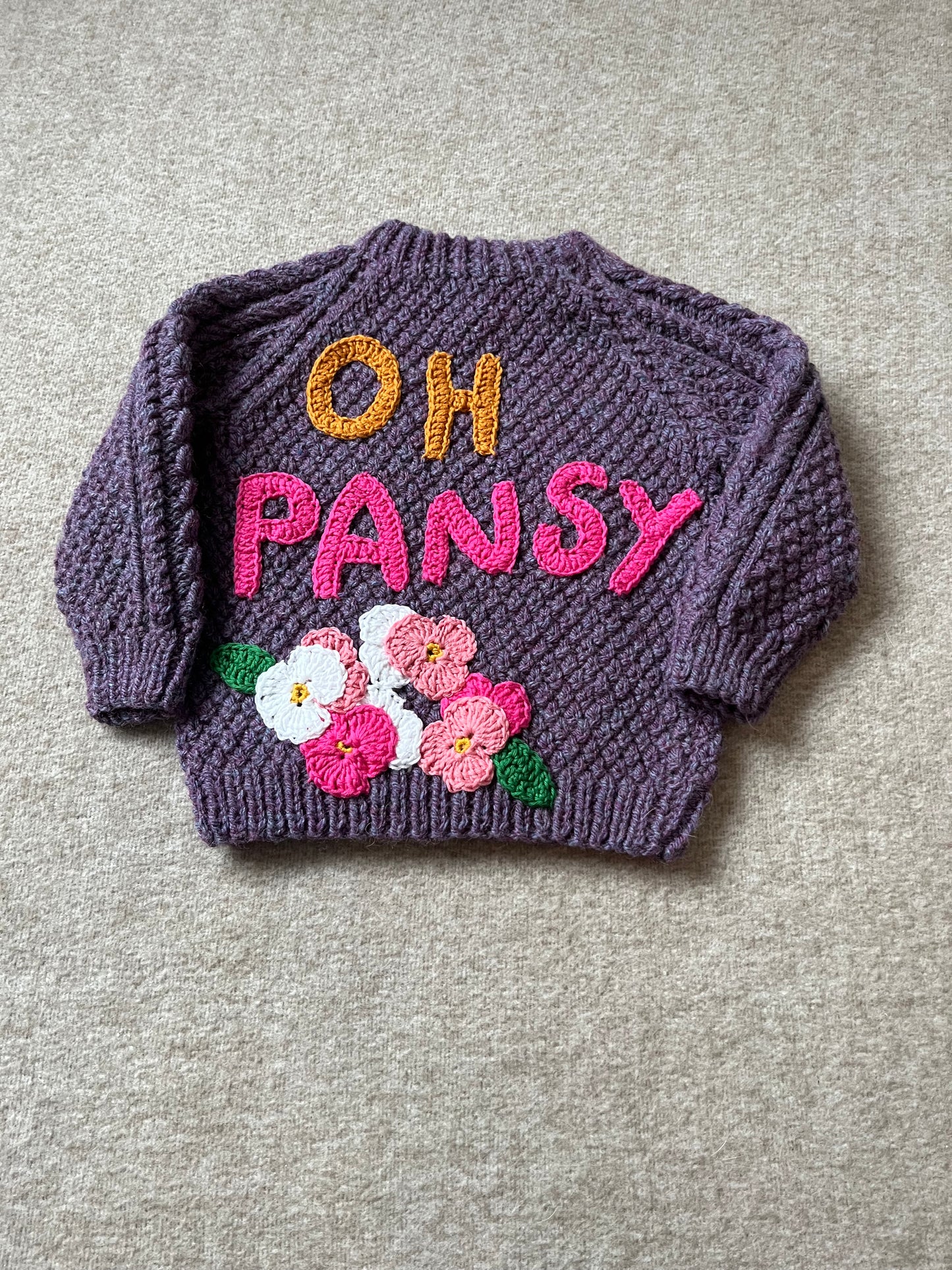 Size 1-2 Years, Oh Pansy, Hand Knitted Purple Jumper, Baby Sweater