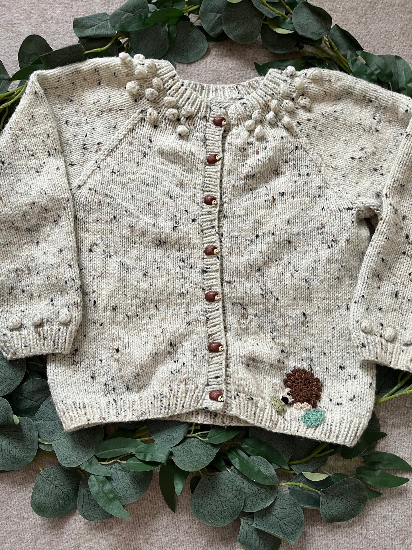 Size 5-6 Years, Forest Friends, Hand knitted Beige Fleck Cardigan, Hedgehog Buttons