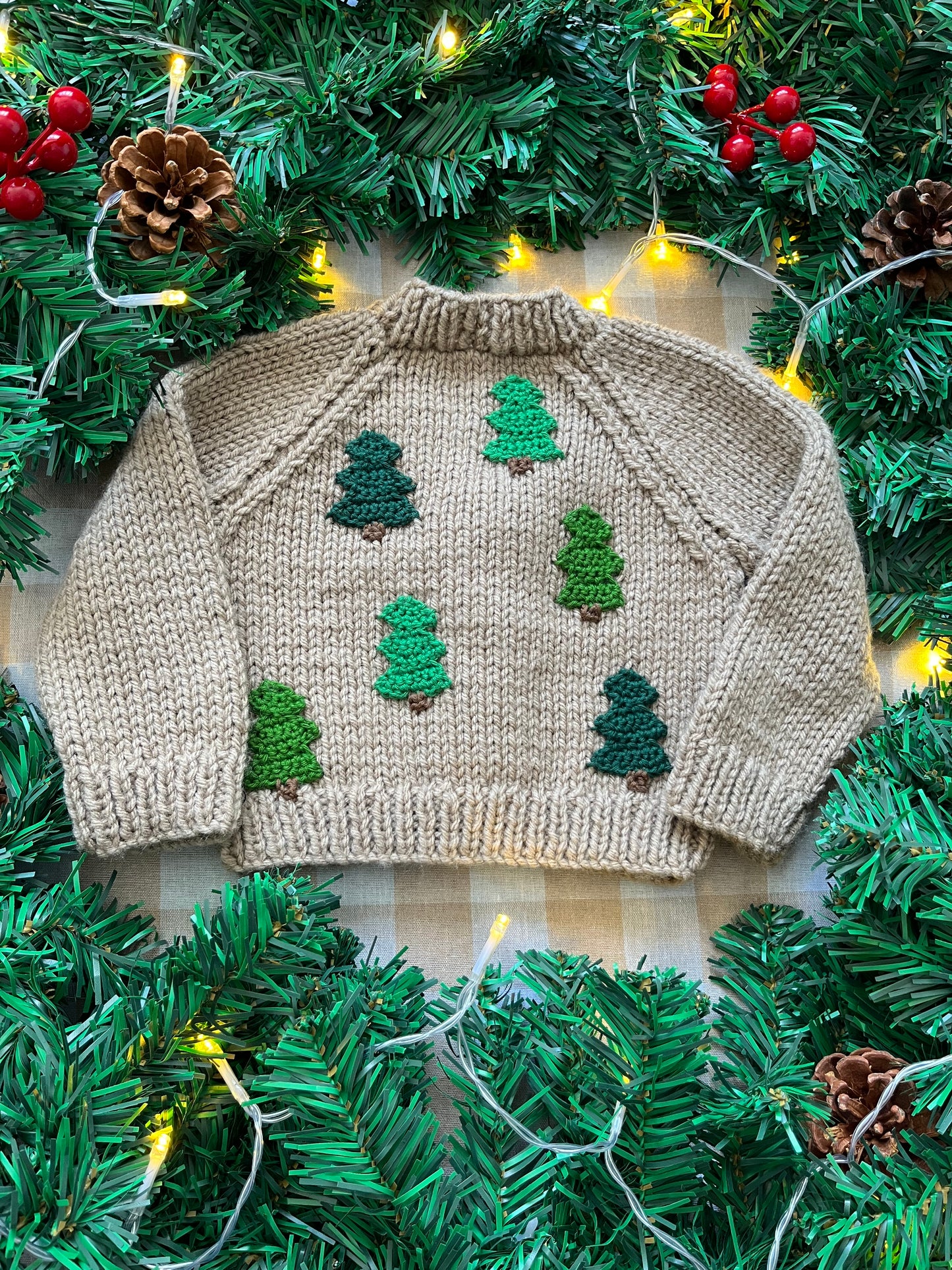 Size 0-3 Months, Beige Hand Knitted Cardi with Mini Christmas Tree’s