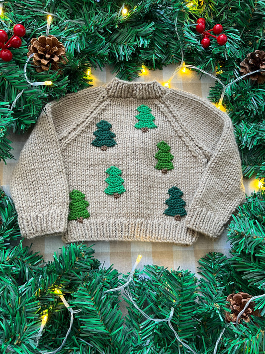 Size 0-3 Months, Beige Hand Knitted Cardi with Mini Christmas Tree’s