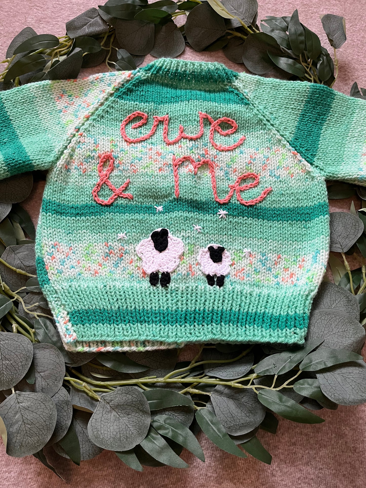 Size 1-2 Years, Ewe & Me, Sheep Cardigan, Green Fleck Hand Knitted Cardigan