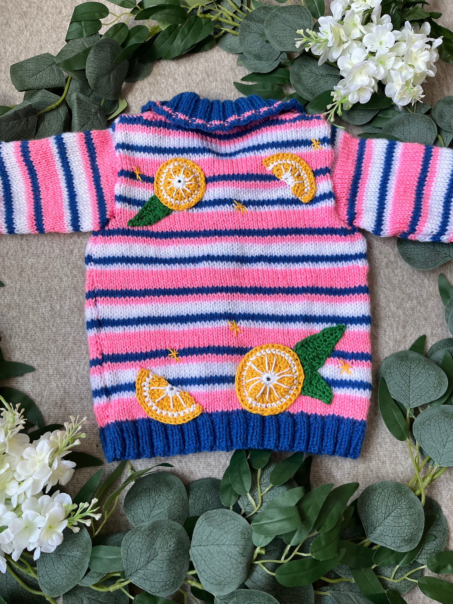 Size 12 Months, Personalise Me, Name Cardigan, Lemons, Hand Knitted Pink/ Blue/ White