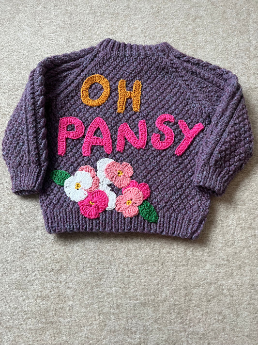 Size 1-2 Years, Oh Pansy, Hand Knitted Purple Jumper, Baby Sweater