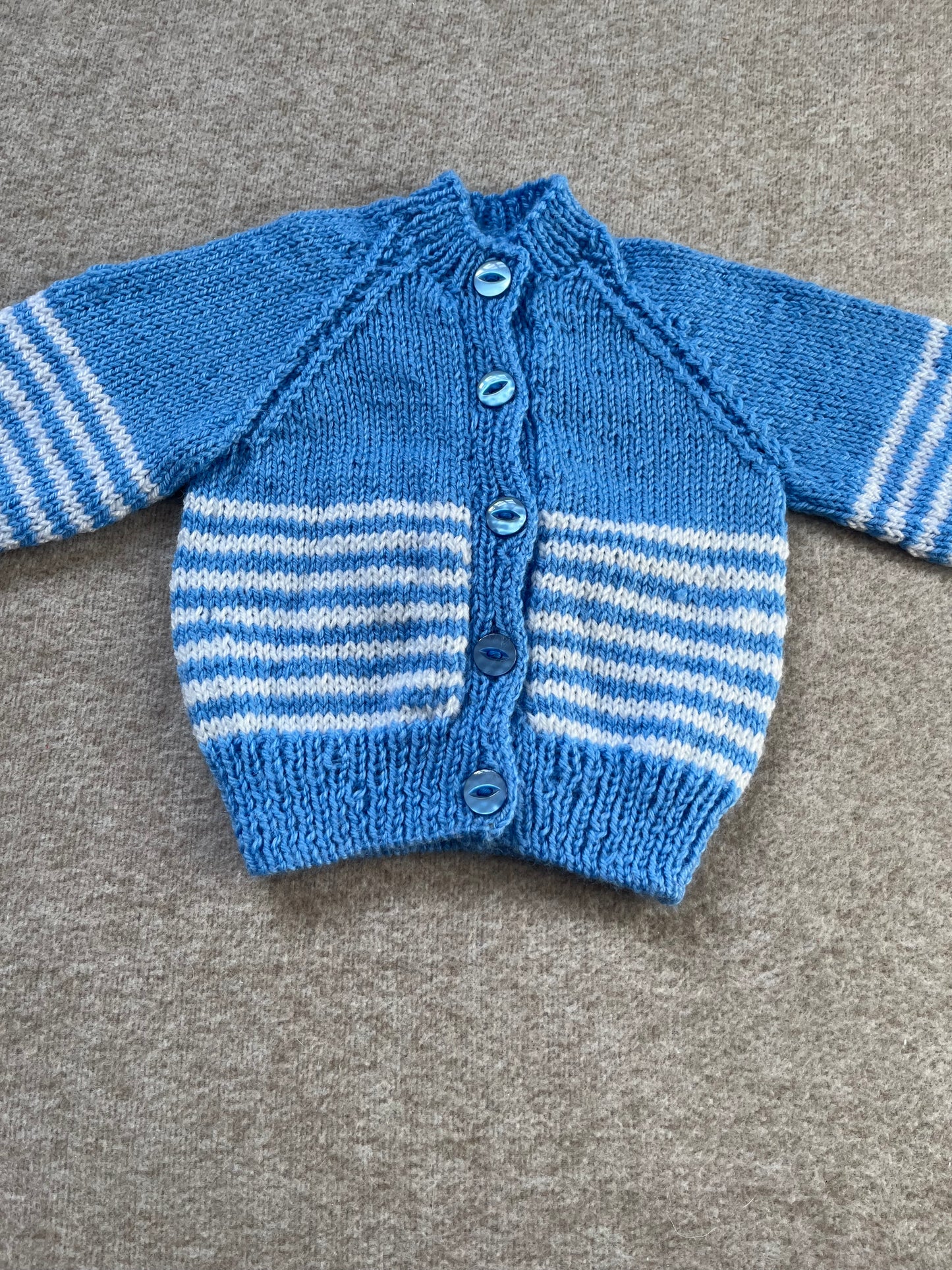 Size 6 Months, Lion Cub, Blue Hand Knitted Cardigan, White Stripe