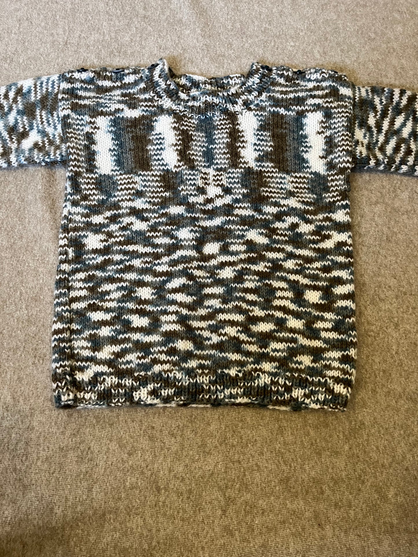 Size 5-7 Years, Forest Club, Hand knitted Jumper, Shoulder Button Close