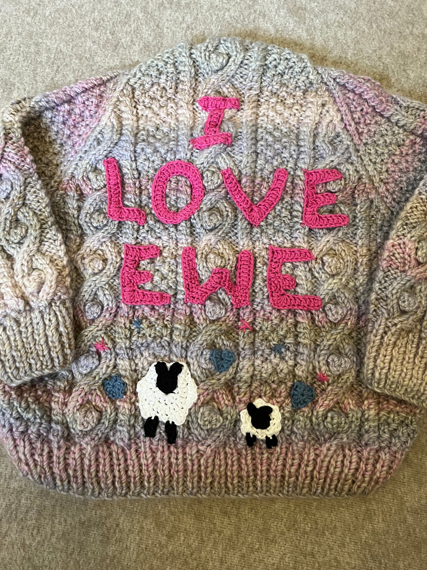 Size 2-4 Years, I Love Ewe, Hand Knitted Ombre Cardigan, Sheep Cardigan