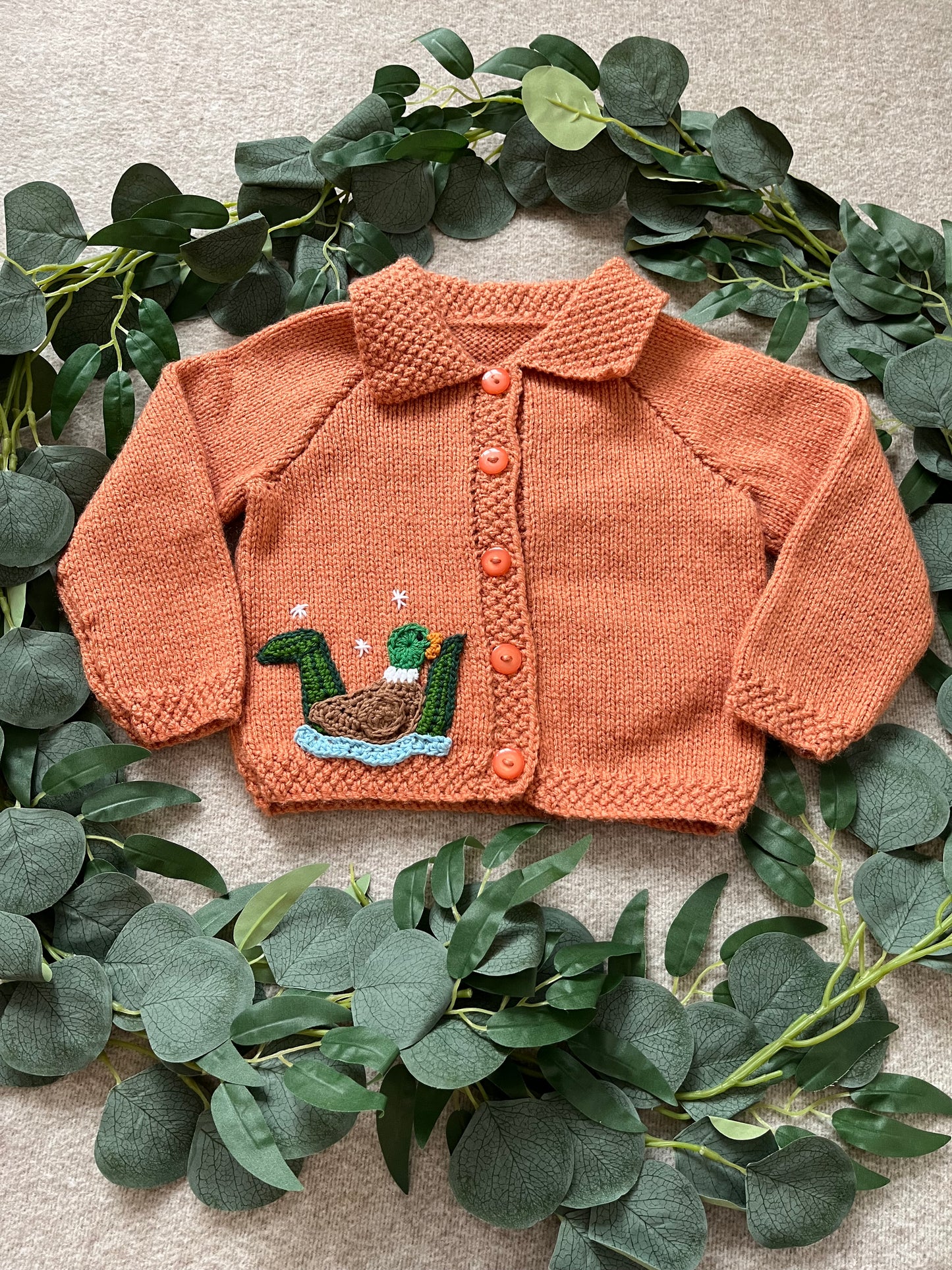 Size 12-18 Months, Duck Pond, Collar Cardigan, Hand knitted Baby