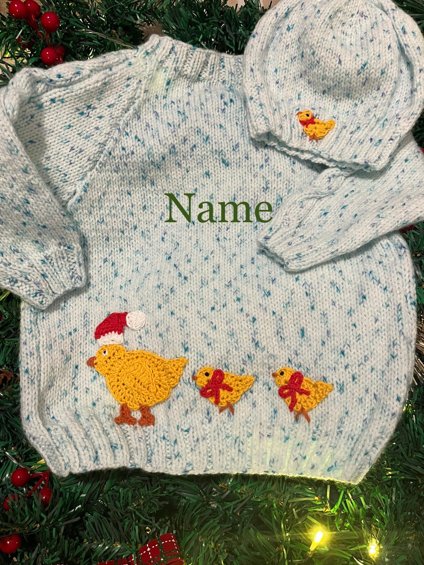 Personalise Me, Size 1-3 Years, Christmas Chicks Name Cardigan, Blue & White Fleck